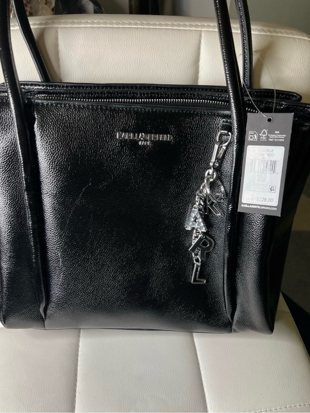 Karl Lagerfeld Black Patent Tote with Signature Charm